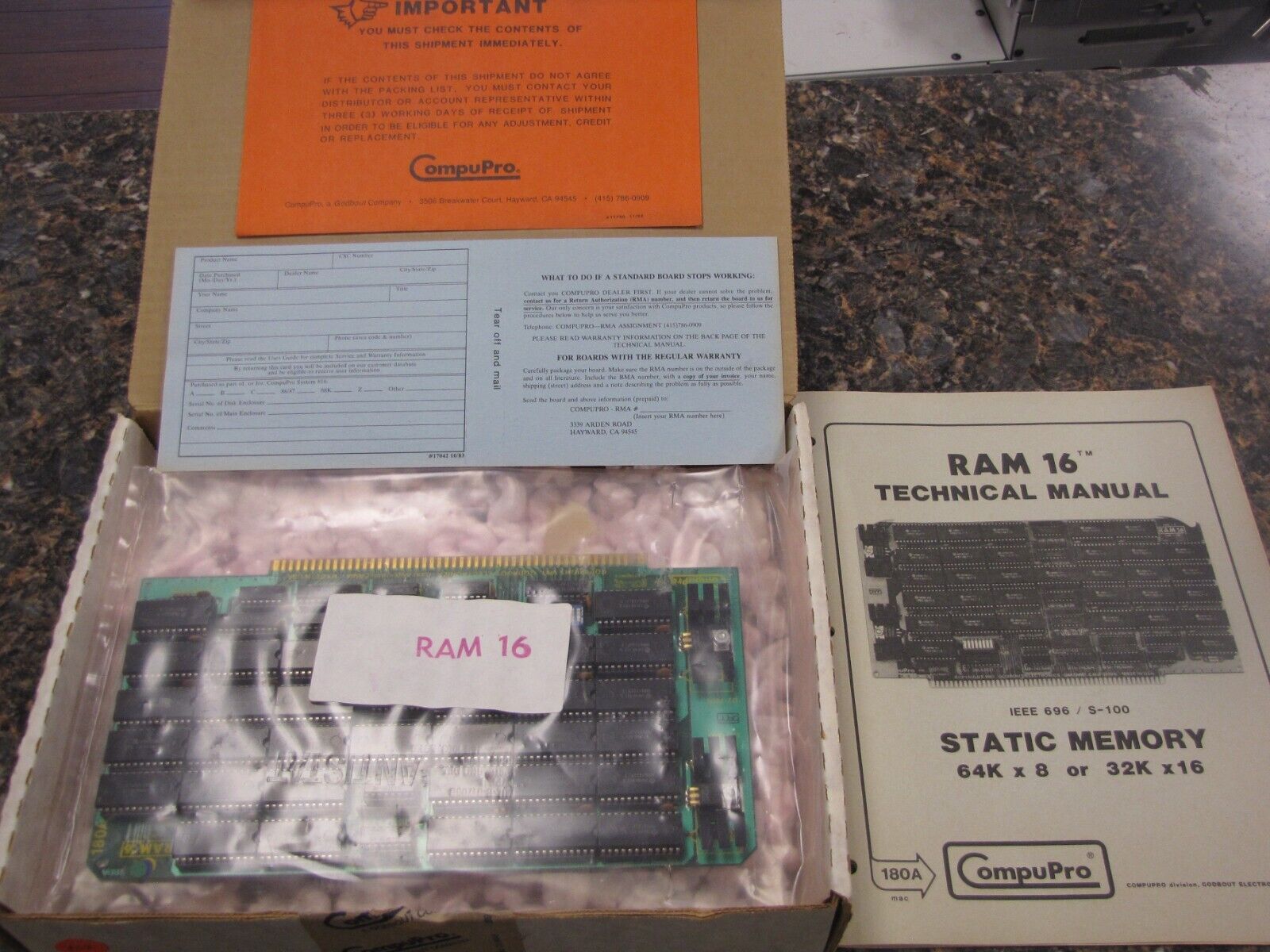 Vintage CompuPro RAM 16 180A S100 Card with manual in original box