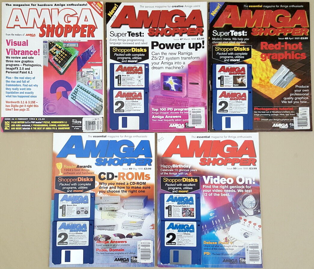 (5) Amiga Shopper Magazines w/Disks ©1995 for Commodore Amiga 500 1000 2000 3000