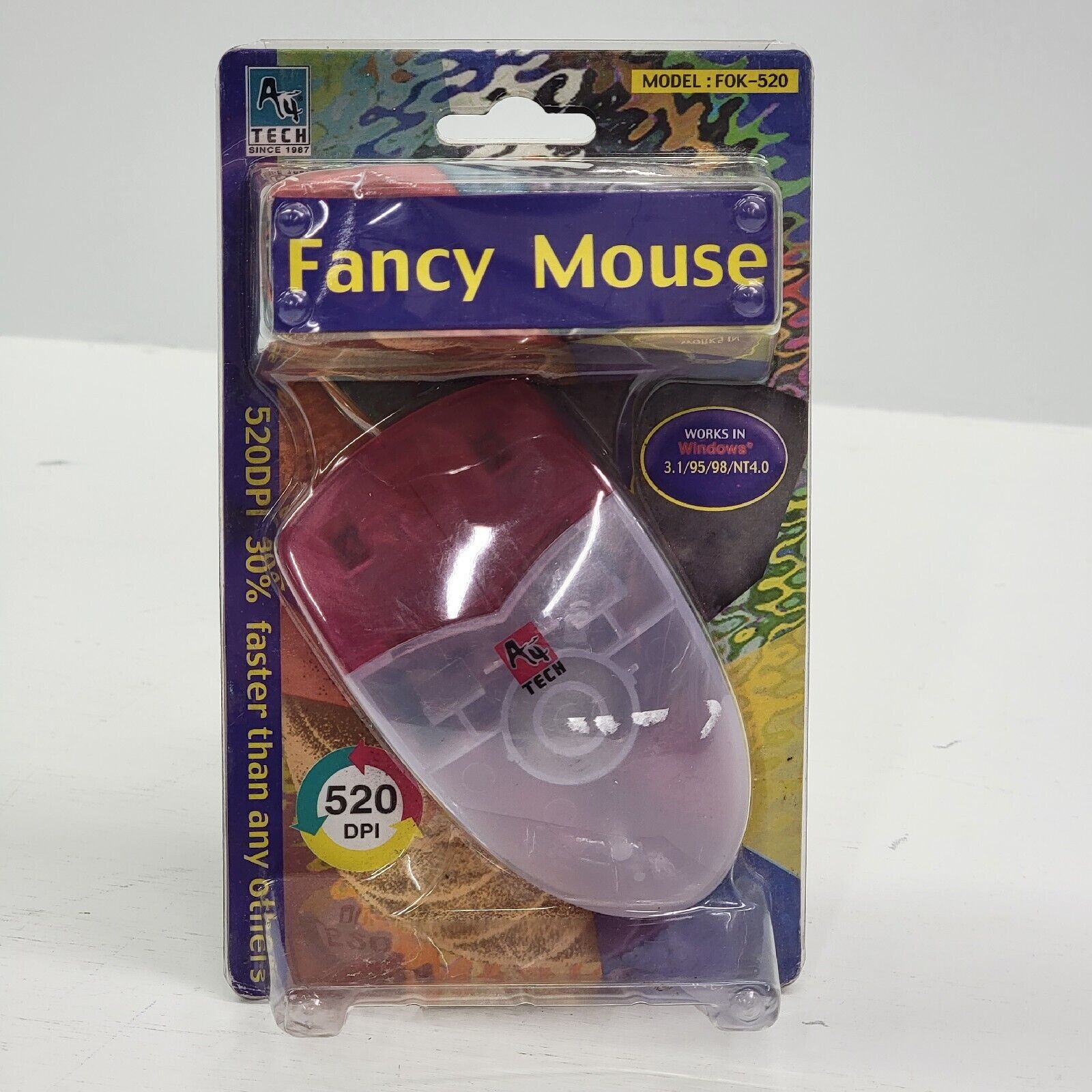 Vintage 90\'s NOS A4 Tech Fancy Mouse Pink Translucent PS/2 520 DPI Model FOK-520