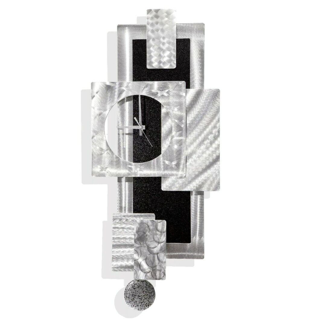Large Modern Wall Clock w Pendulum, Funky Silver/Black Wall Art Sculpture