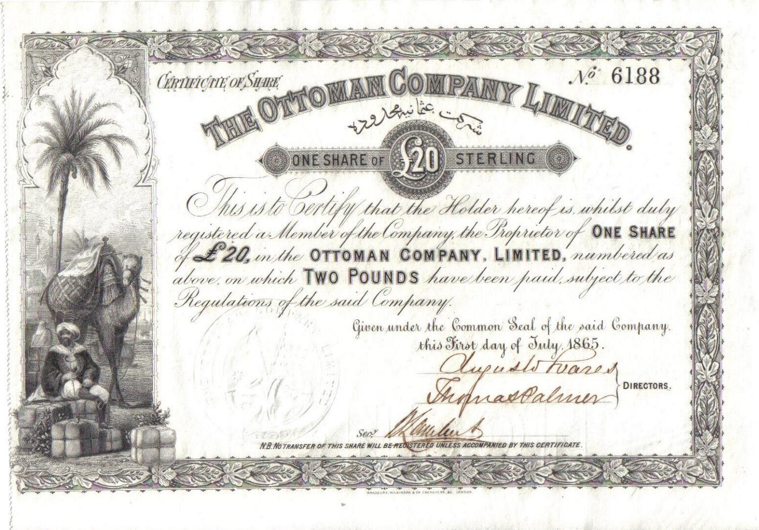 Turkey UK GB 1865 Ottoman Company Limited 1 share £20 Uncancelled Deco Scarce EF