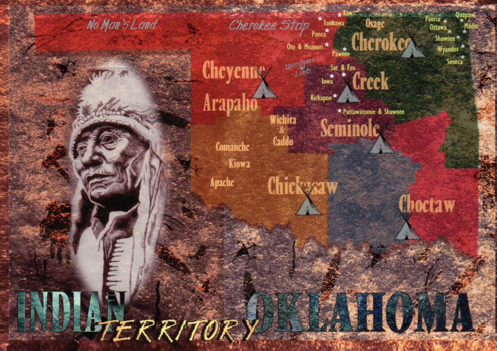 Oklahoma Indian Territory Native American Tribes Cherokee etc State Map Postcard