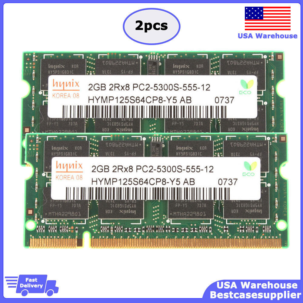 2x 2GB For Hynix PC2-5300 DDR2-667 667Mhz 200pin PC5300 Laptop Memory Replace
