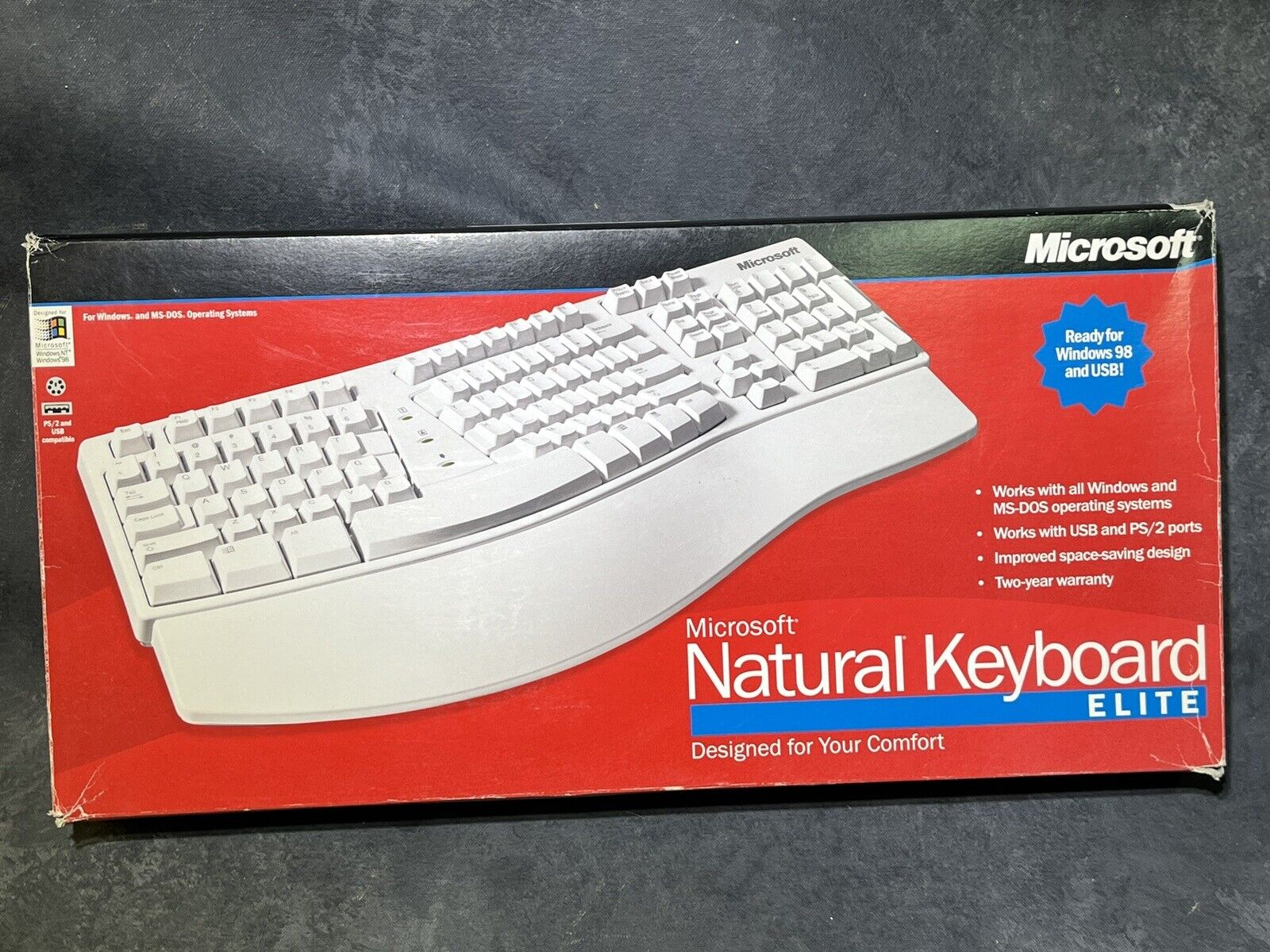Vintage Microsoft Natural Elite Keyboard White Ergonomic Original Box Windows 98