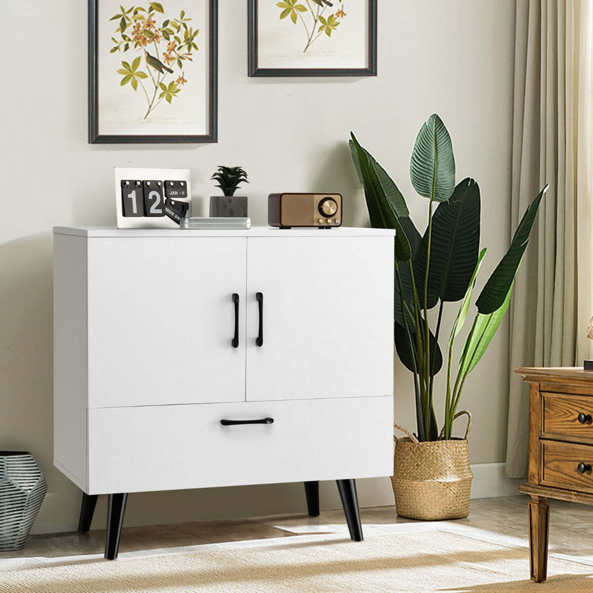 NNECW Mid-century Modern Storage Cabinet with 2 Doors & 1 Pull-out Drawer-Whi