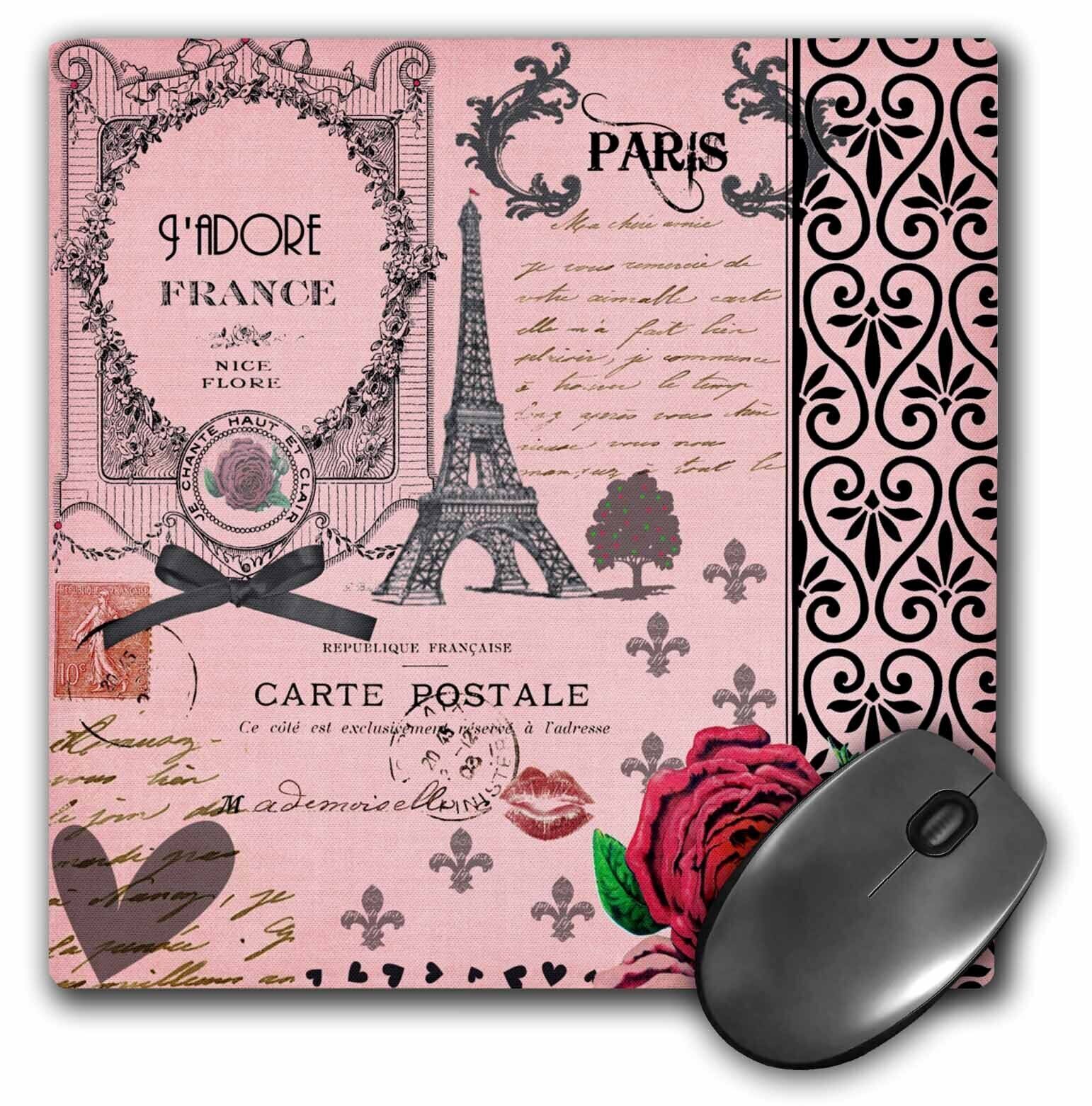 3dRose Stylish Vintage Pink Paris Collage Art - Eiffel Tower - Red Rose - Girly