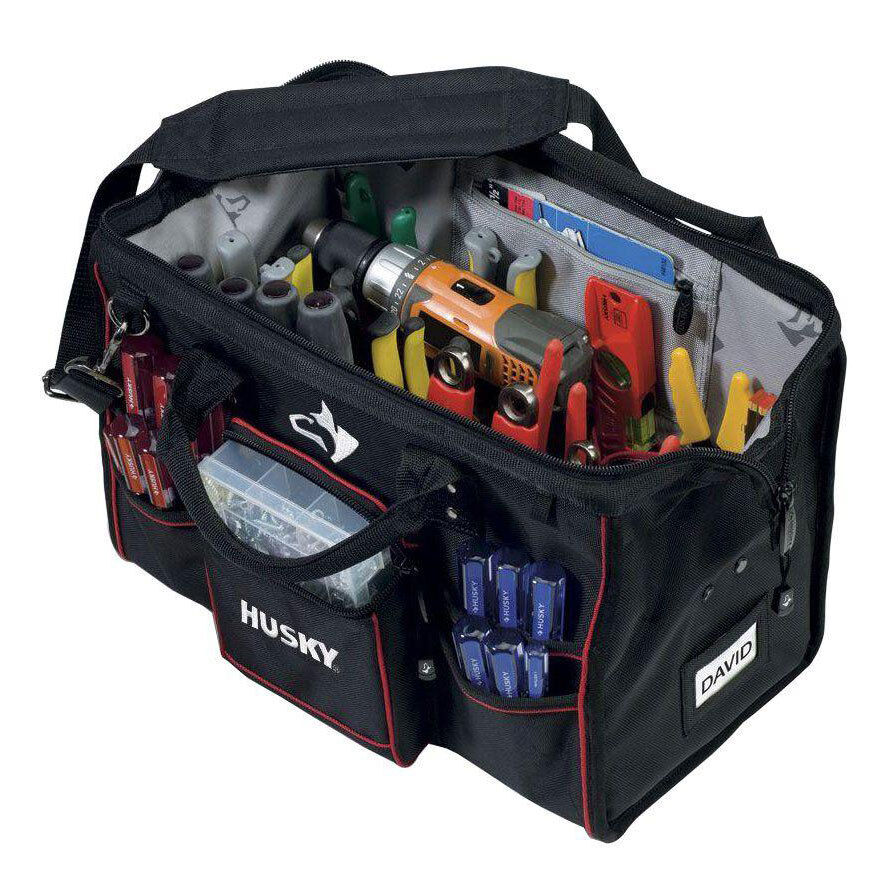 Husky 18 in. Large Canvas Tool Bag Electrician Heavy Duty Storage Organizer Tote
