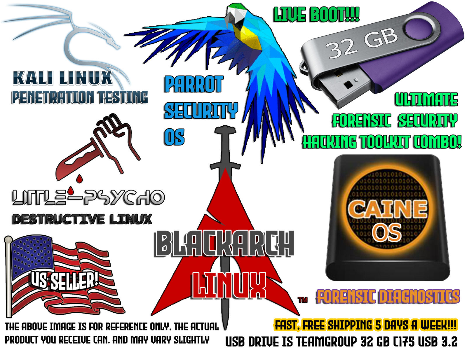 BlackArch CAINE Parrot Little Psycho Kali Forensic Security Toolkit 32 gb USB