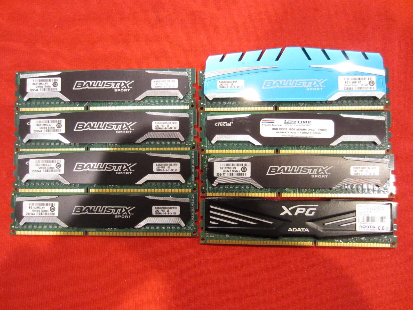 Lot of 23pcs 8GB Crucial,Patriot,ADATA DDR3-1600/1866Mhz Udimm Memory