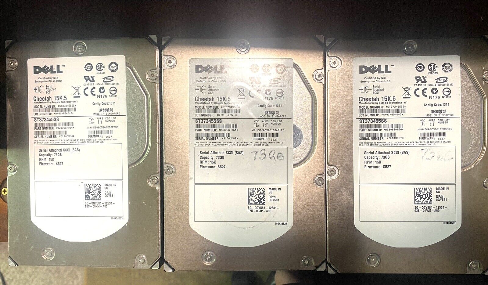 Lot Of 3 DELL SEAGATE 0GY581 ST373455SS 73GB 15K SAS 3.5 HDD
