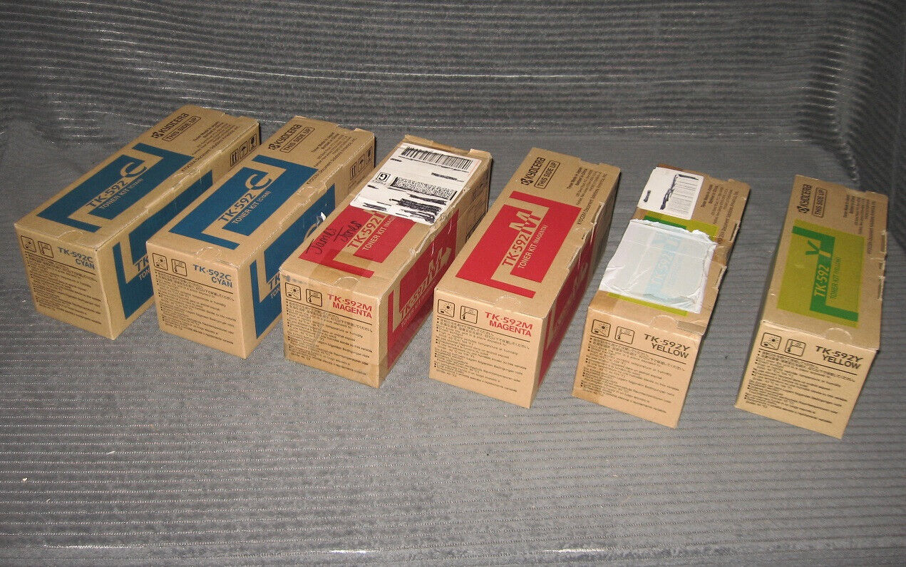 KYOCERA TK-592 LOT OF SIX All Color Toner NEW GENUINE 2 each Cyan/Yellow/Magenta