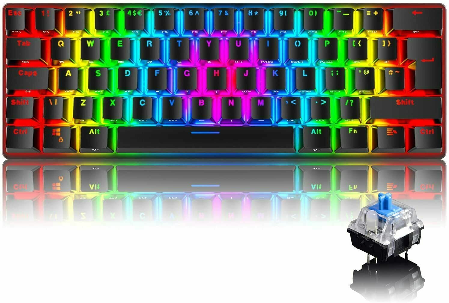 RGB Backlit Gaming Wired Keyboard Mini 62-keys USB-C Mechanical Portable For PC