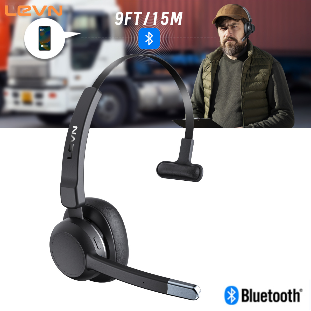 LEVN Trucker Bluetooth Headset With Noise Cancelling Microphone & Mute Button