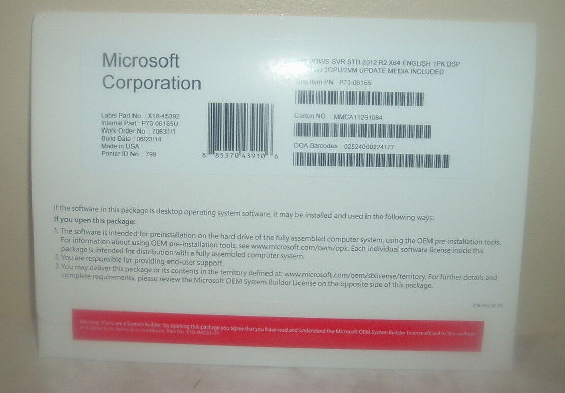 Microsoft Window Server Standard 2012 R2 x64 2CPU/2VM P73-06165