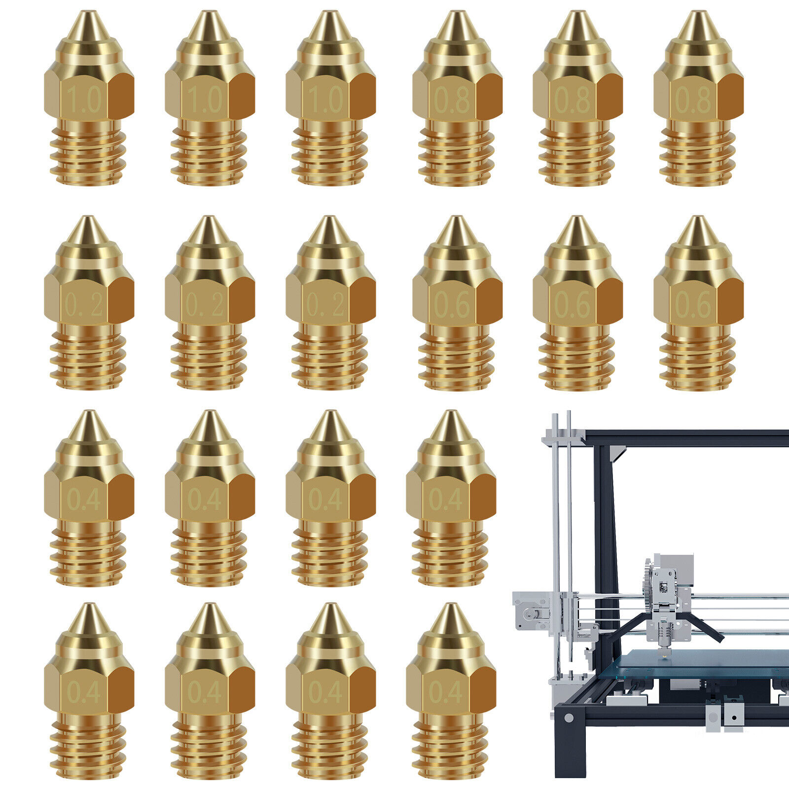 20Pcs 3D Printer Nozzles Kit Brass Printing Nozzles Set 0.2/0.4/0.6/0.8/1mm 🪐