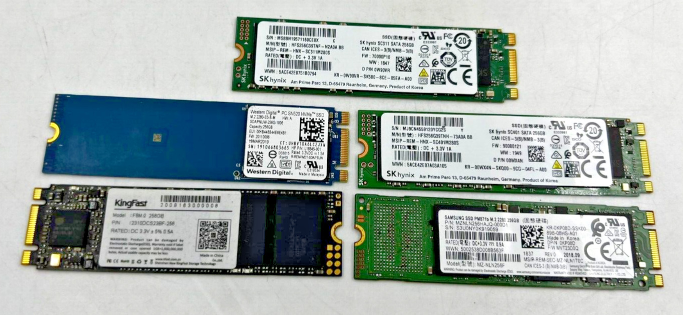 LOT OF 5- MIX LOT 256GB M.2 SATA SSD Solid State Drives MIXED BRANDS /TESTED