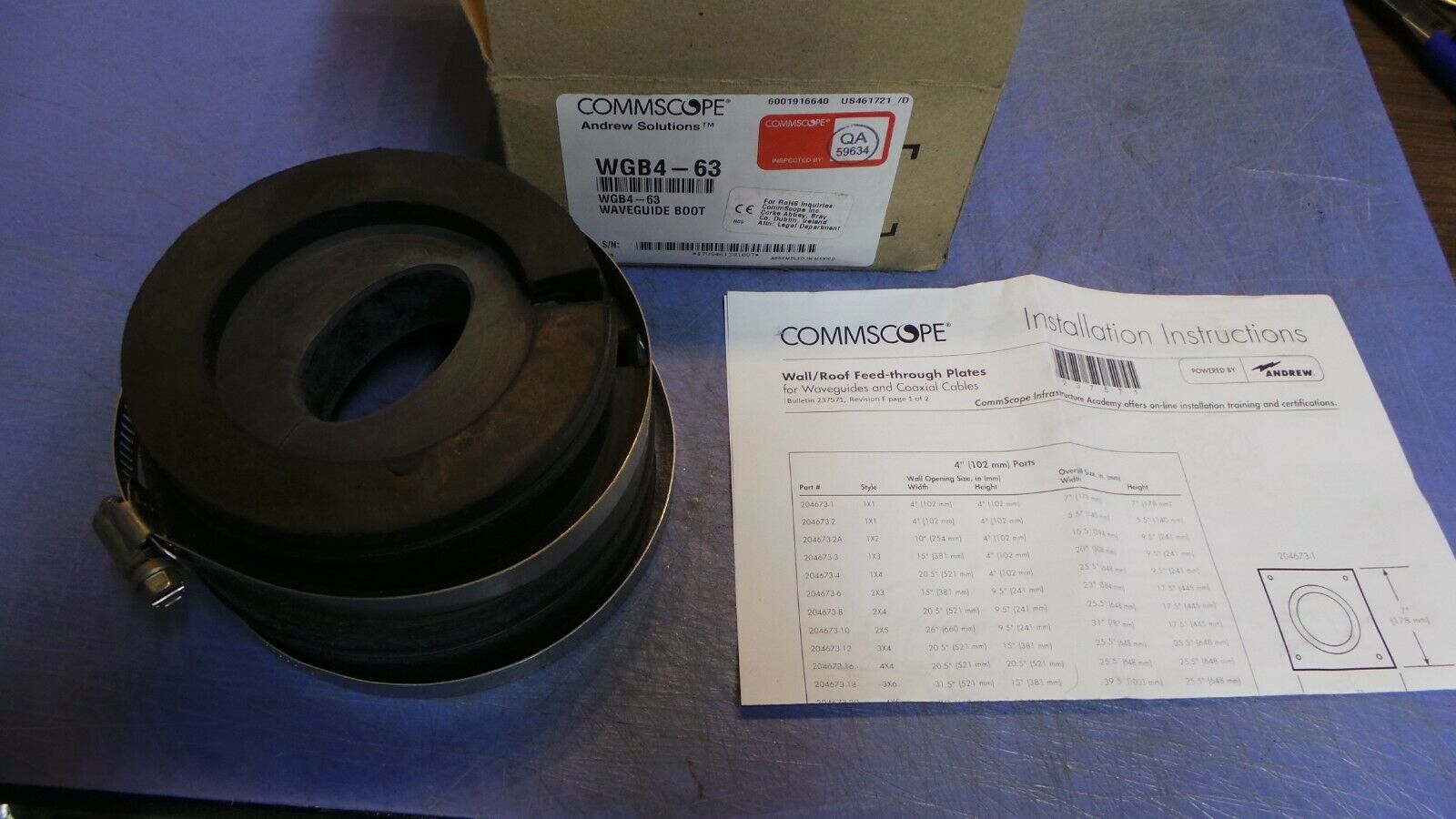 1 – COMMSCOPE Andrew Solutions WGB4-63 4” Entry Boot for EW63 Cable. NEW