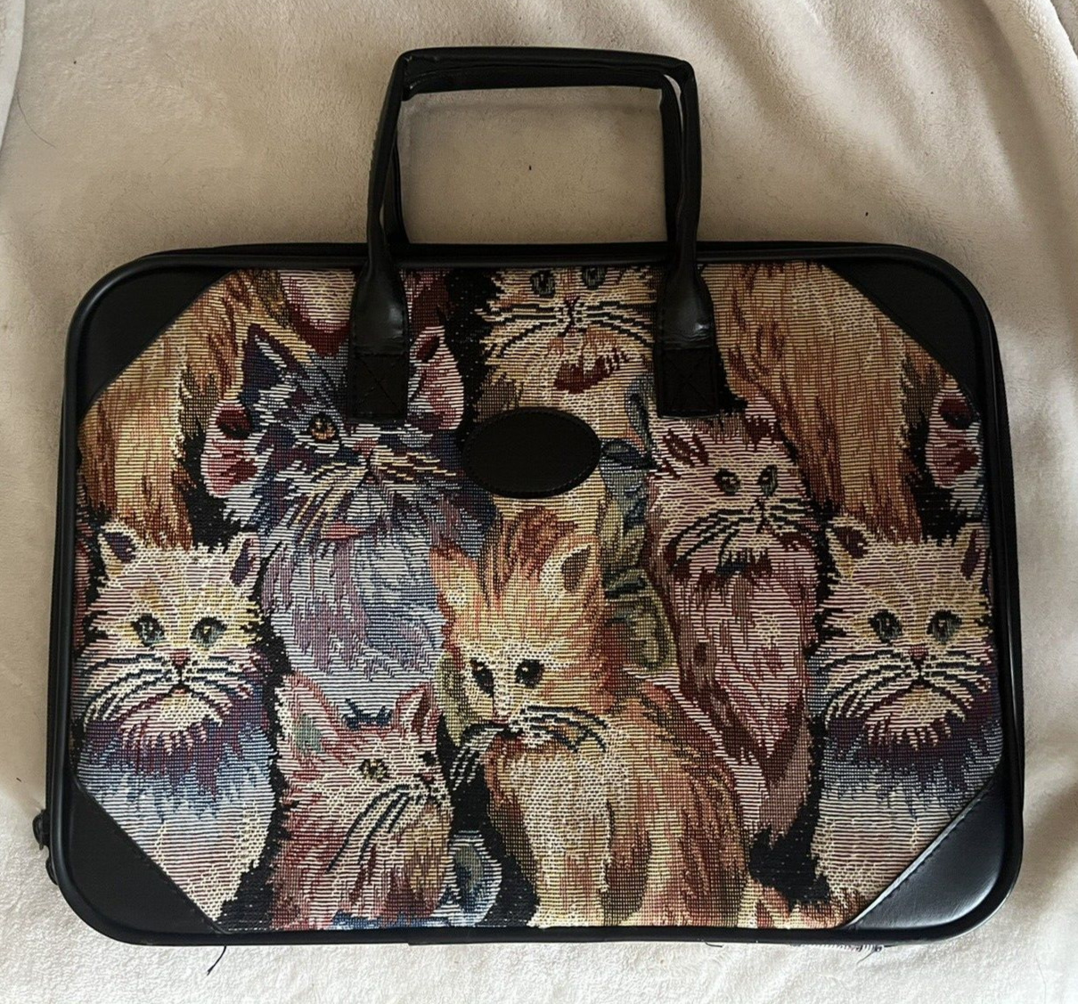 Vtg Tapestry Cat Print Briefcase Laptop Bag 90’s Double Sided All Over Kittens
