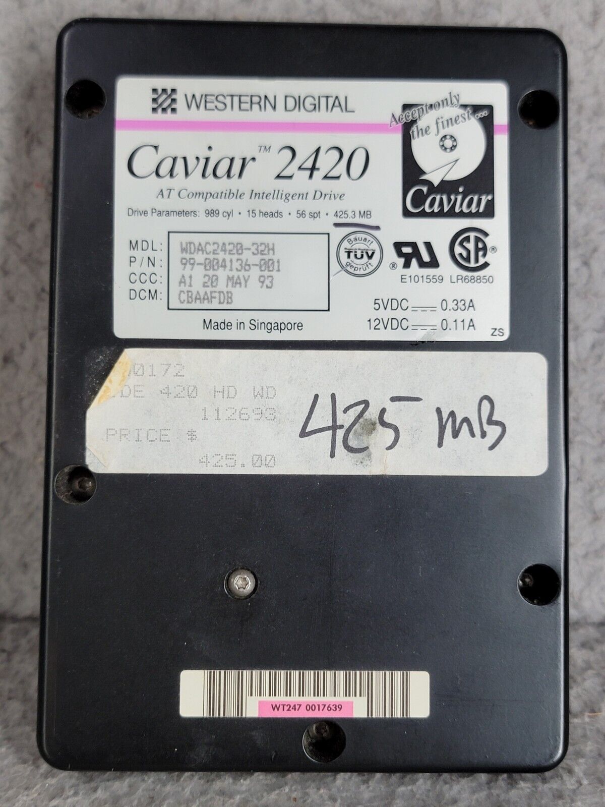 Untested Parts Vintage Western Digital WD Caviar 2420 420MB IDE Hard Disk Drive 