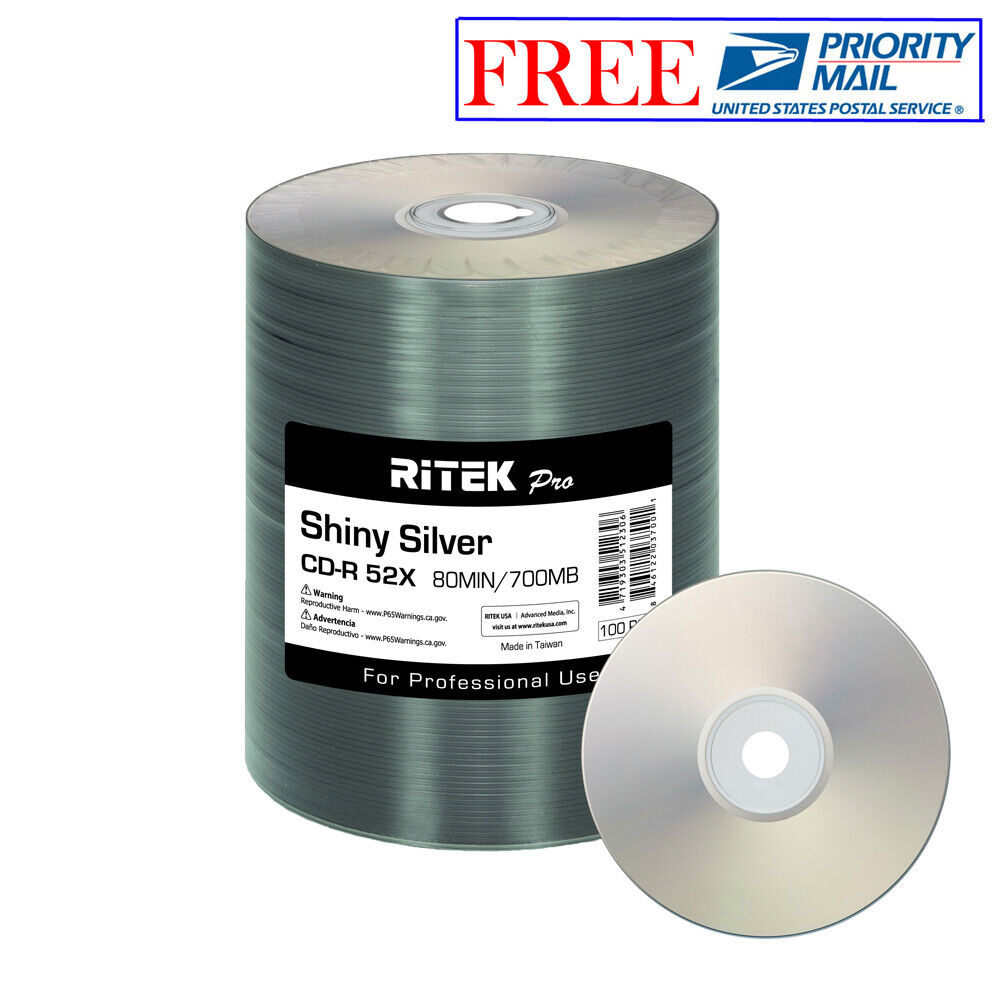 100 Pack Ritek Pro CD-R 52X 700MB Shiny Silver Lacquer Blank Recordable Disc