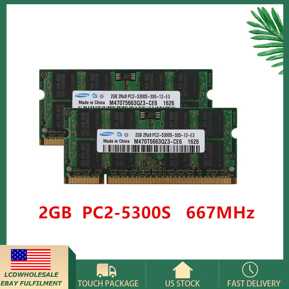 2x2GB For Samsung 4GB 2RX8 PC2-5300S DDR2 667MHz 200pin SODIMM Laptop Memory RAM