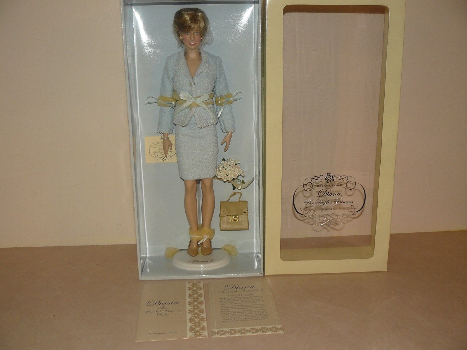 Franklin Mint Princess Diana Vinyl 16 Inch Doll In The Light Blue Suit With COA