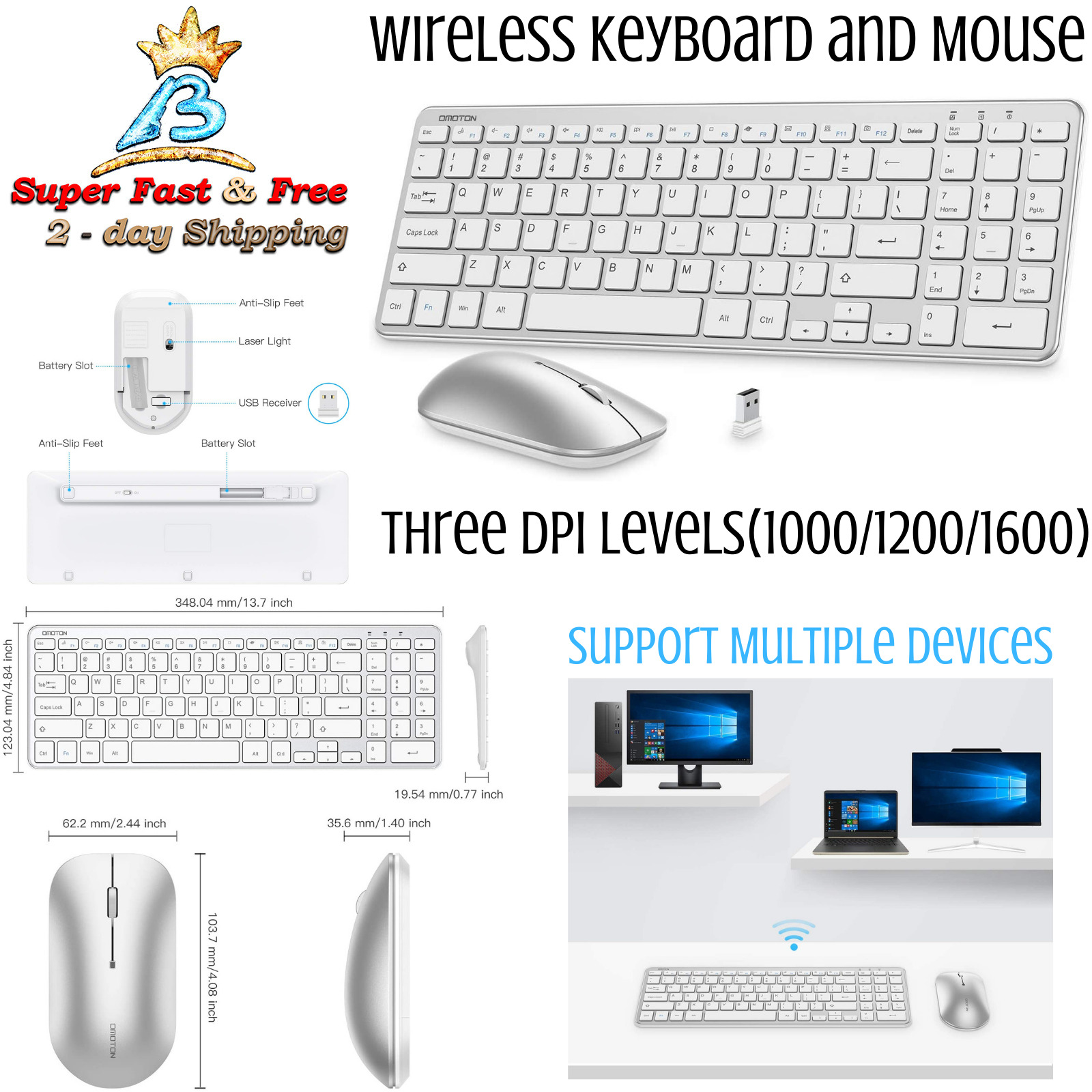 Wireless Keyboard And Mouse Combo Optical Mouse Adjustable DPI For Windows NEW  