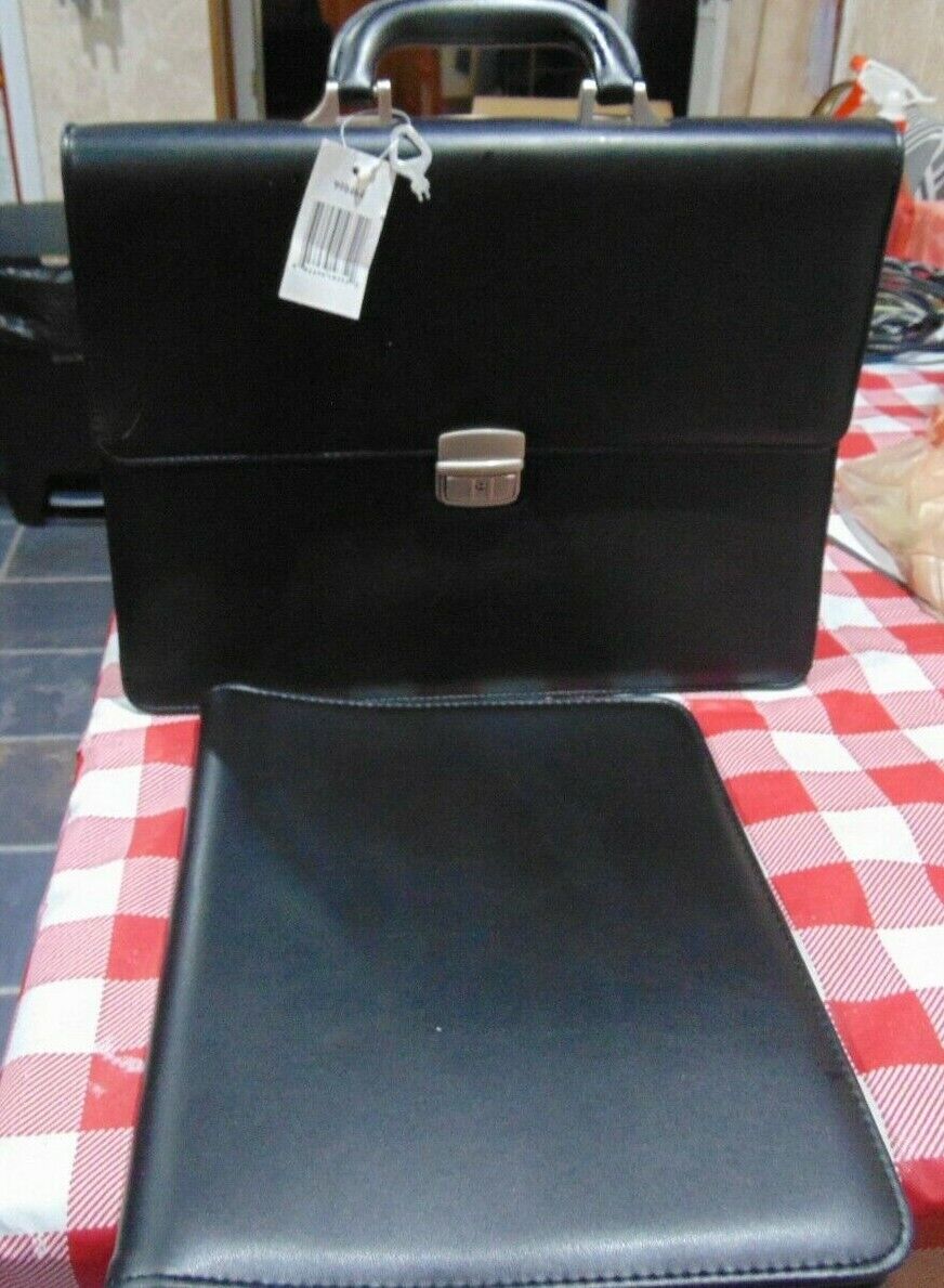 Real Nice New Black Vinyl Brief Case Computer Bag w Key and Tablet Folder