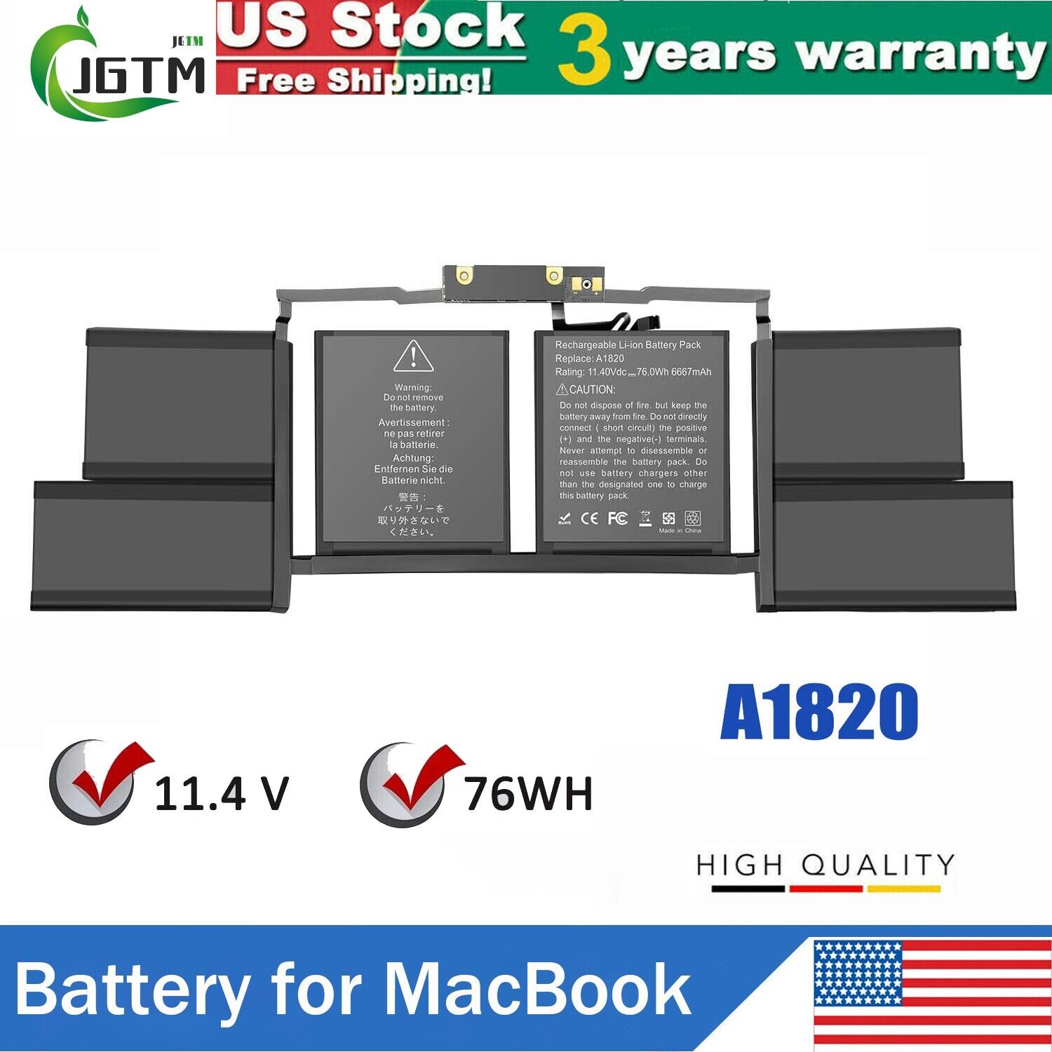 A1820 Battery For MacBook Pro 15\'\' A1707 Late 2016 Mid 2017 EMC 3162 3072 76Wh