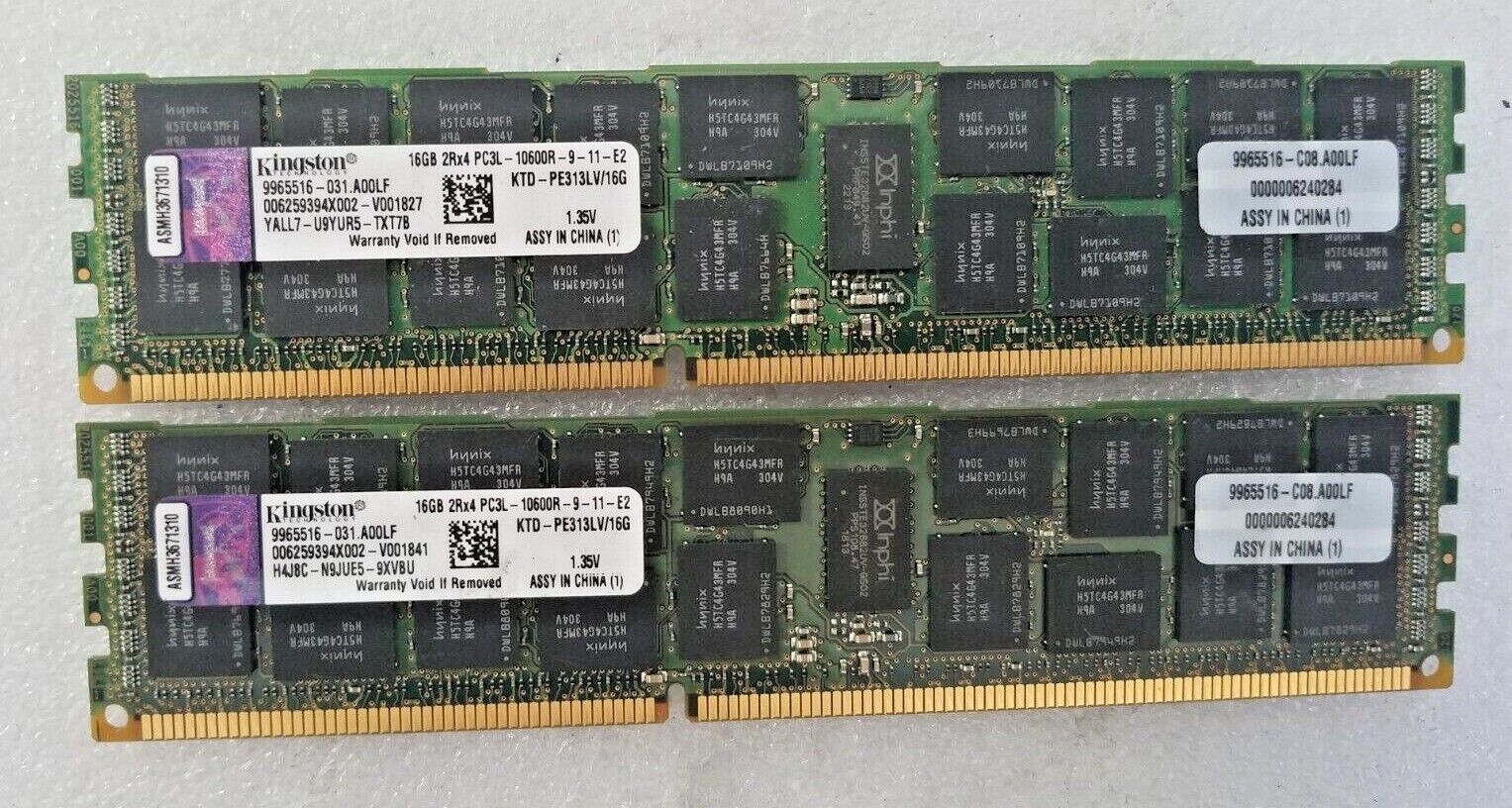 Lot of 2 Kingston 16GB 2Rx4 PC3L-10600R DDR3 1333MHz KTD-PE313LV-16G
