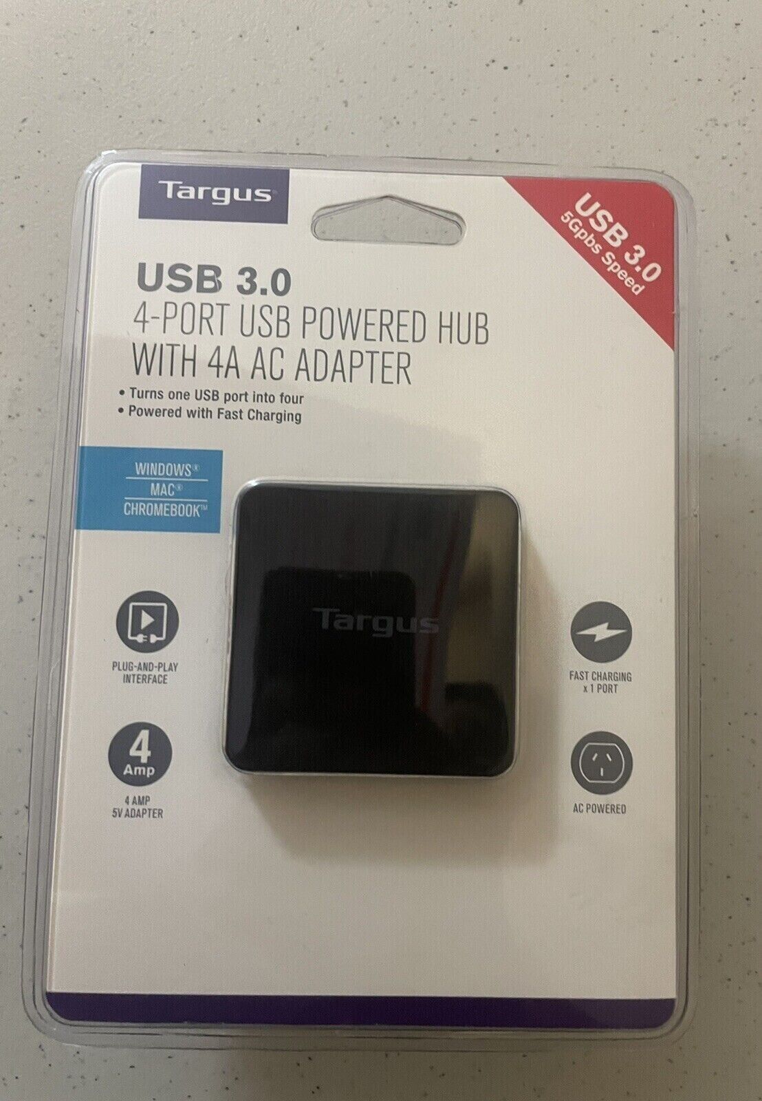 Targus USB 3.0 4-port USB Powered Hub with adapter. ACH129/ACH119US