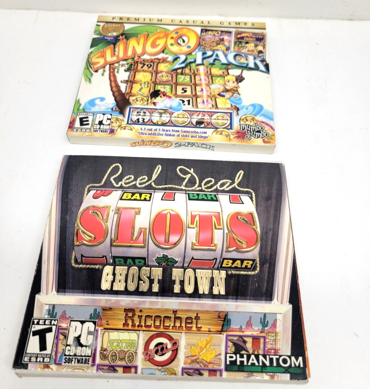 2 PC CD-ROM REEL DEAL SLOTS GHOST TOWN & SLINGO - READ CONDITION - U