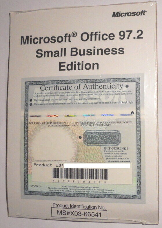 NOS Microsoft Office 97.2 Small Business Edition w/Certificate w License Sealed