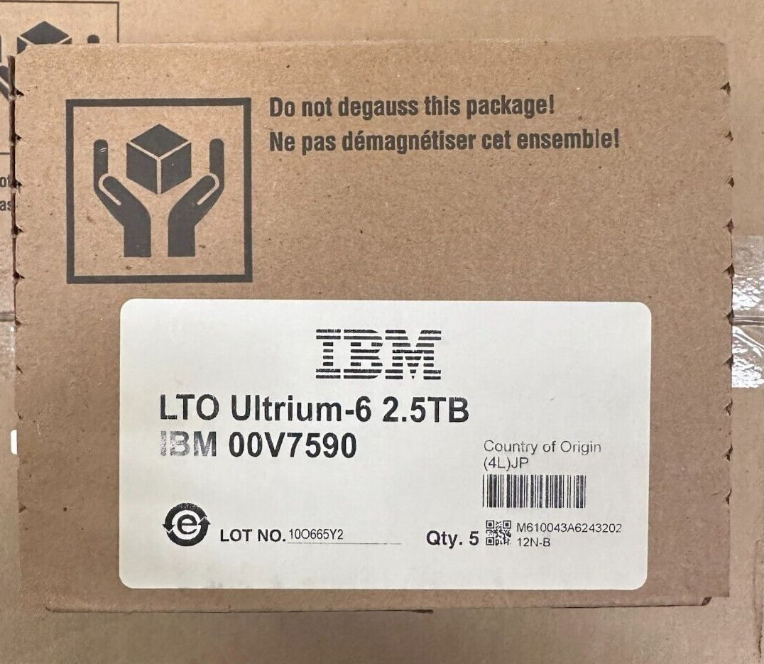 IBM LTO6 Tape 00V7590 (5 PACK) 2.5TB ULTRIUM 6 DATA CARTRIDGE - Brand New