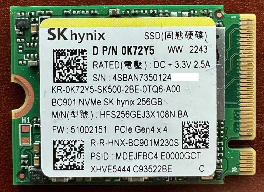 SK Hynix 256GB SSD NVMe SSD 2230 30mm Solid State Drive Dell 0K72Y5