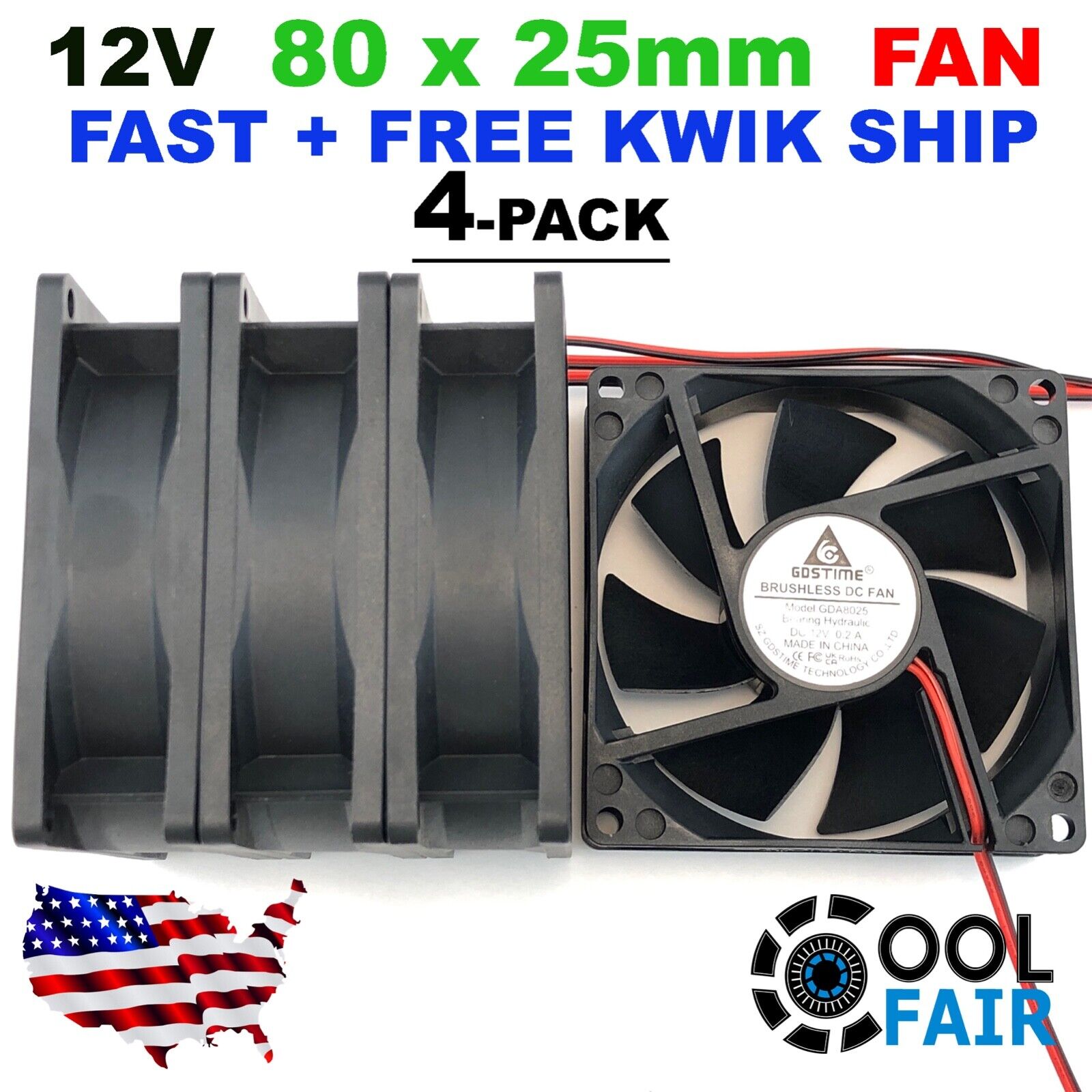 Gdstime 80mm 8025 12v DC Cooling Fan Computer Case 2-Pin 80mmx80mmx25mm 4-Pack