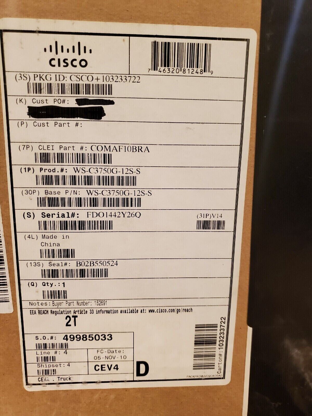 Cisco Catalyst 3750G WS-C3750G-12S-S