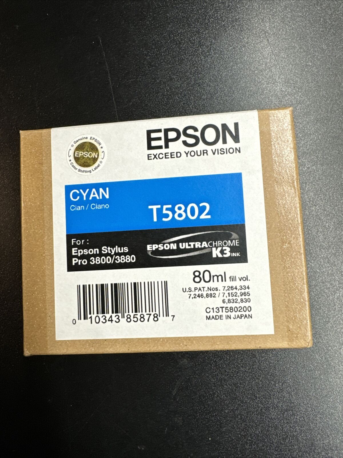10-2013 NIB Genuine Epson Pro 3800 3880 Cyan K3 Ink T5802 T580200