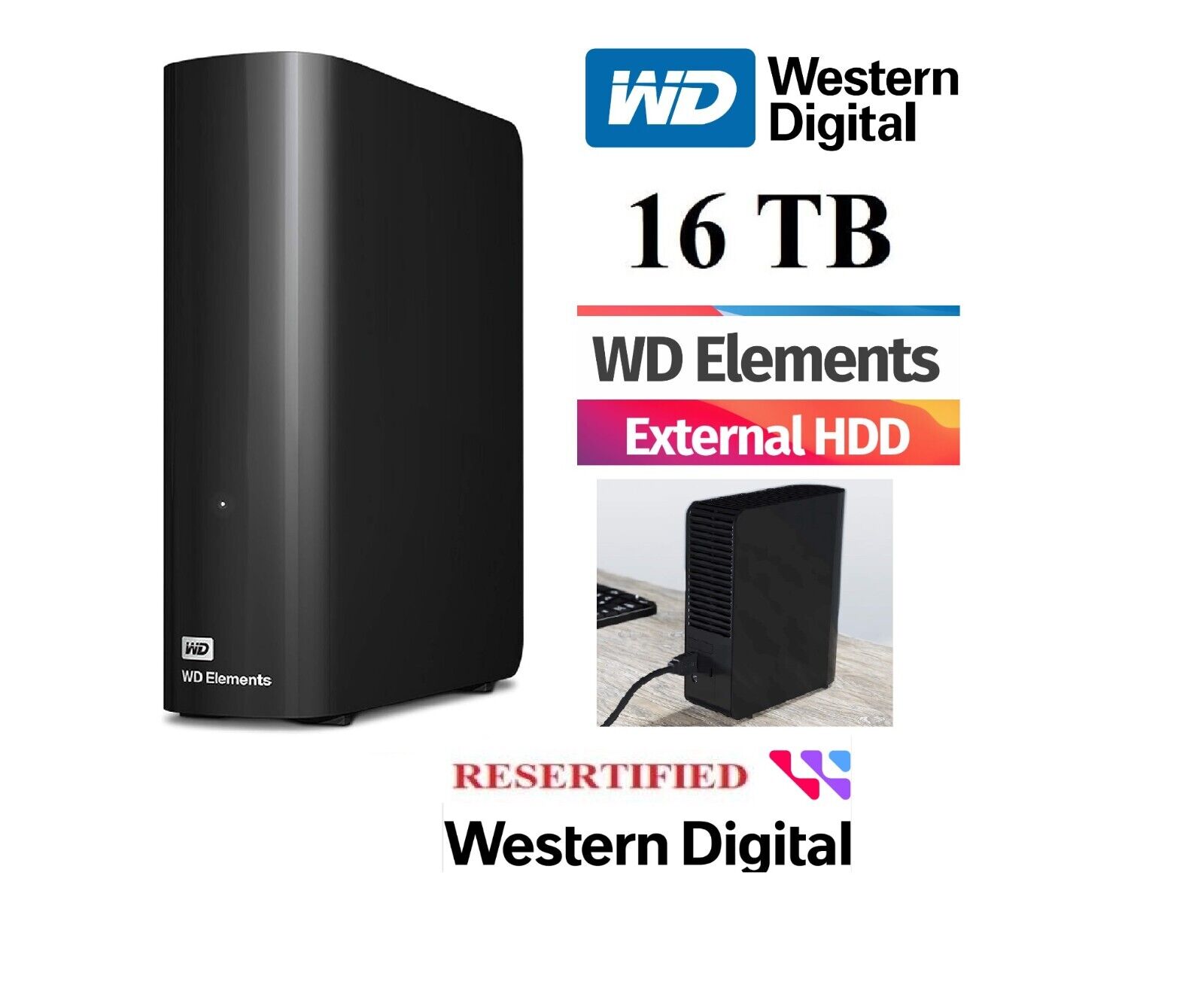 WD Elements 16TB External Hard Drive HDD USB 3.0 WDBWLG0160HBK-NESN Recertified