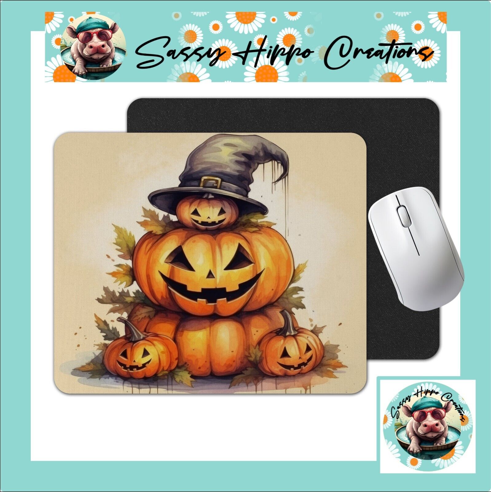 Mouse Pad Jack O Lantern Pumpkin Witch Hat Halloween Anti Slip Back Easy Clean