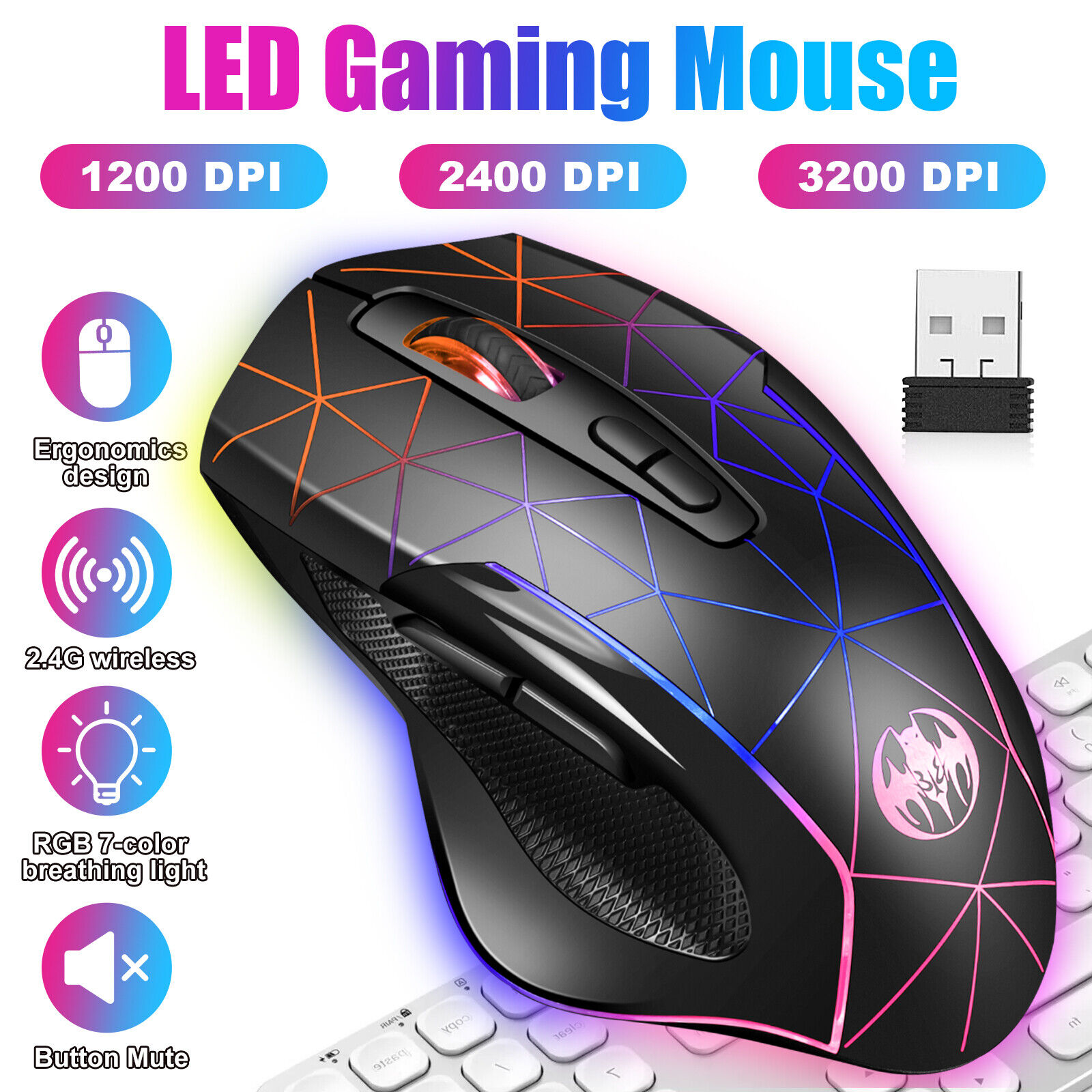 2.4GHz Wireless Gaming Mouse 7 Color USB Rechargeable Optical Mice for PC Laptop
