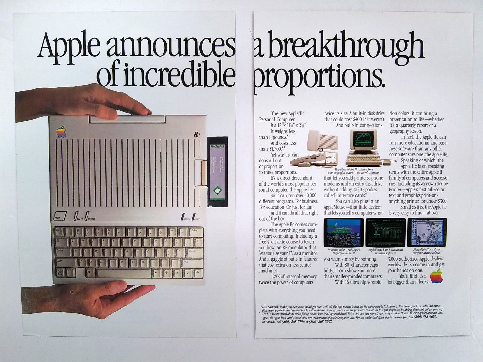 Apple IIC 1984 First Intro Vintage Ad 9 x 6.75 - Two Pages- Original Clip - Rare