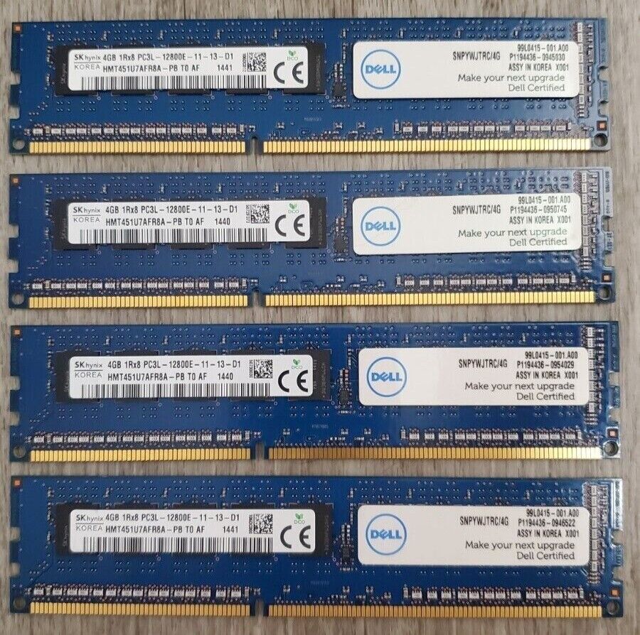 LOT OF 4 | Dell (SK Hynix) 4GB SNPYWJTRC/4G 1RX8 PC3L-12800E 1600MHZ Memory