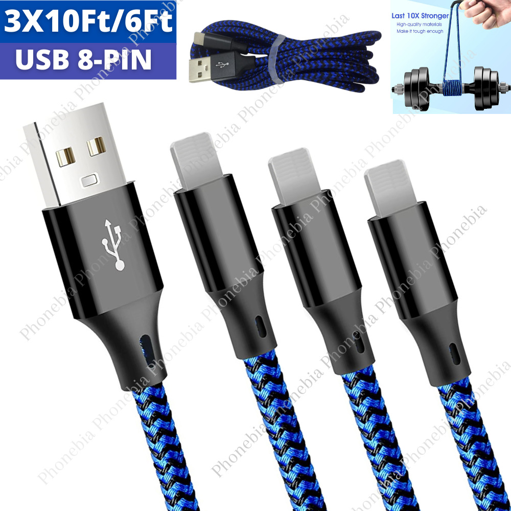 3Pack 10Ft 6Ft USB Charger Cable Data Charging Wire For iPhone 14 13 12 11 8 6 5