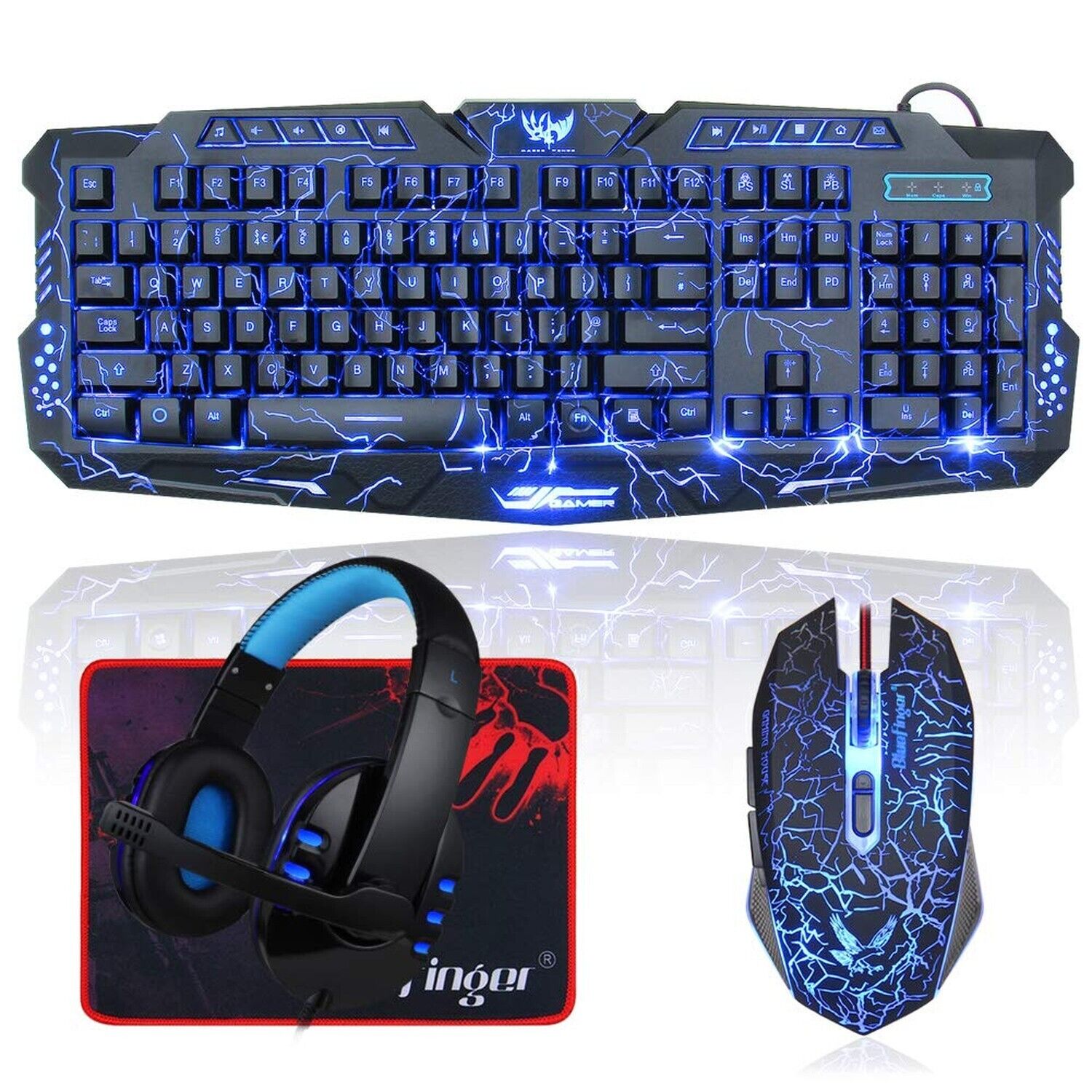 Backlit Gaming Keyboard and Mouse and LED Headset Combo,USB Wired 3 Color Cra...