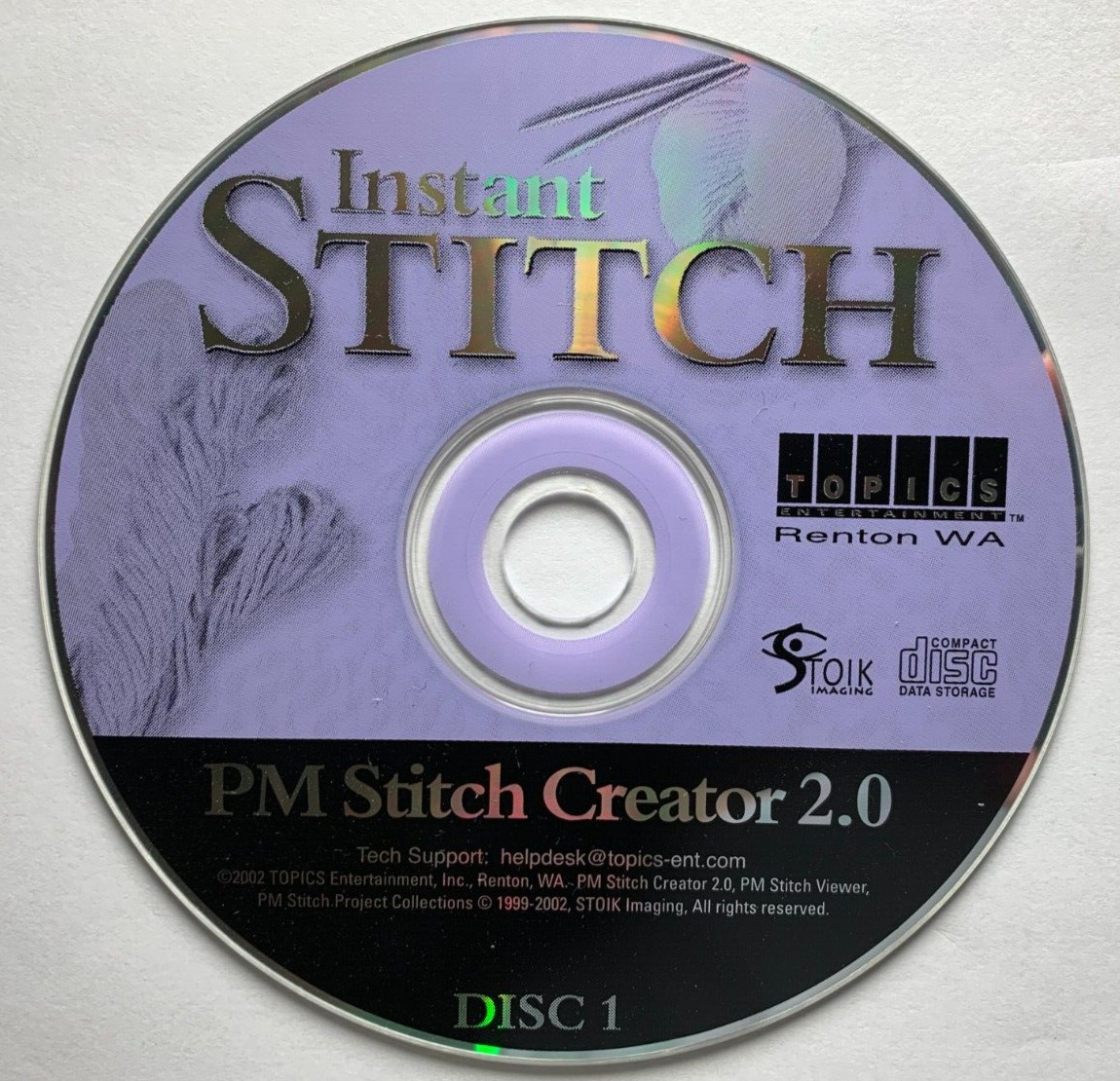 PM Stitch Creator 2.0 Instant Stitch Disc 1 Only Vintage Windows Software 2002