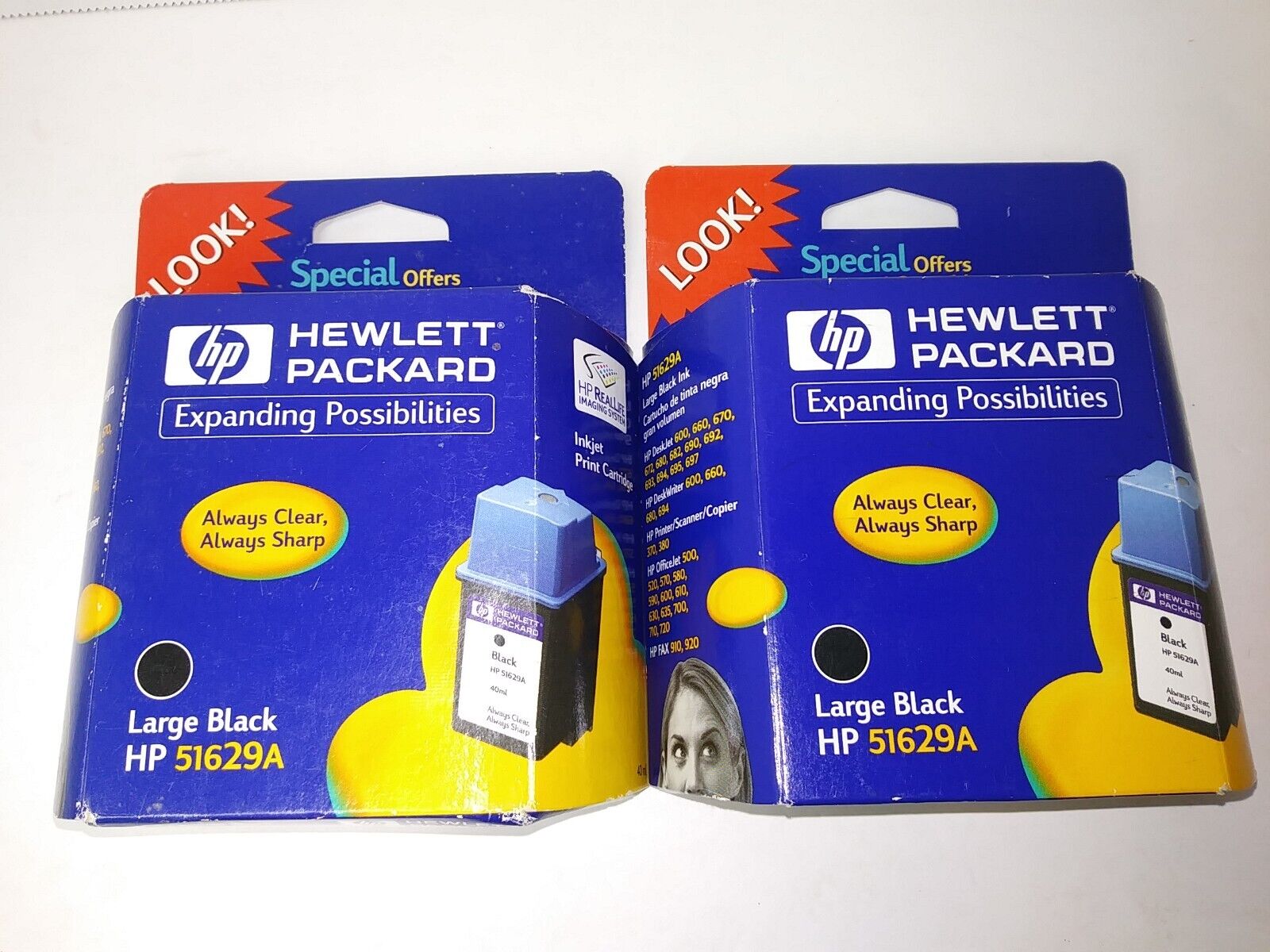 Vintage 2000 NOS Hewlett Packard Large Black HP 51629A Ink Cartridges (x2) New