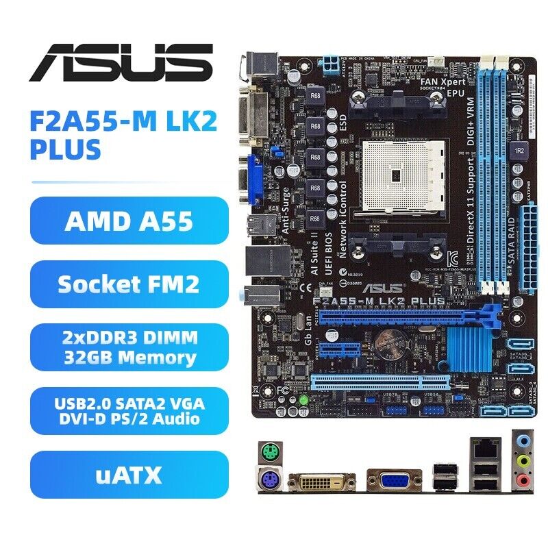 ASUS F2A55-M LK2 PLUS Motherboard uATX AMD A55 FM2 DDR3 32GB SATA2 DVI VGA+I/O