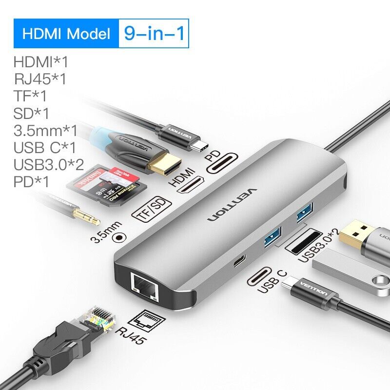 USB C Hub 9 In 1 Multifunctional Adapter 9 Ports High Speed Type C For Mac Dell