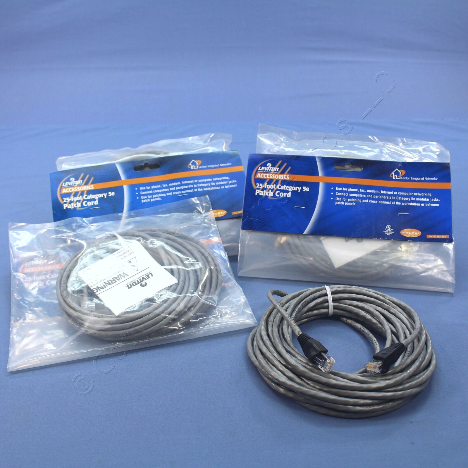 4 Leviton Gray Cat 5e 25 Ft Ethernet Patch Cords Network Cables Booted 5G455-25G